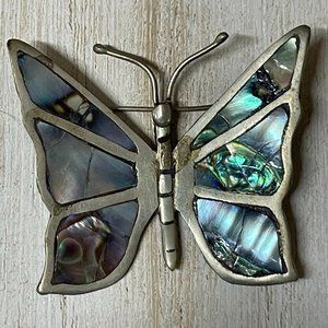 VINTAGE SIGNED ALPACA Silver Abalone Shell Inlay Butterfly Art Pin Brooch BEAUTY